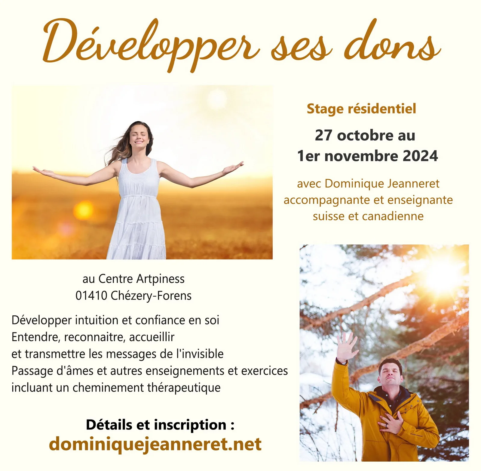 27 oct. au 1er nov. 2024 près de Genève (FR) : Stage « Découvrir et Développer ses Dons » avec Dominique Jeanneret du Québec