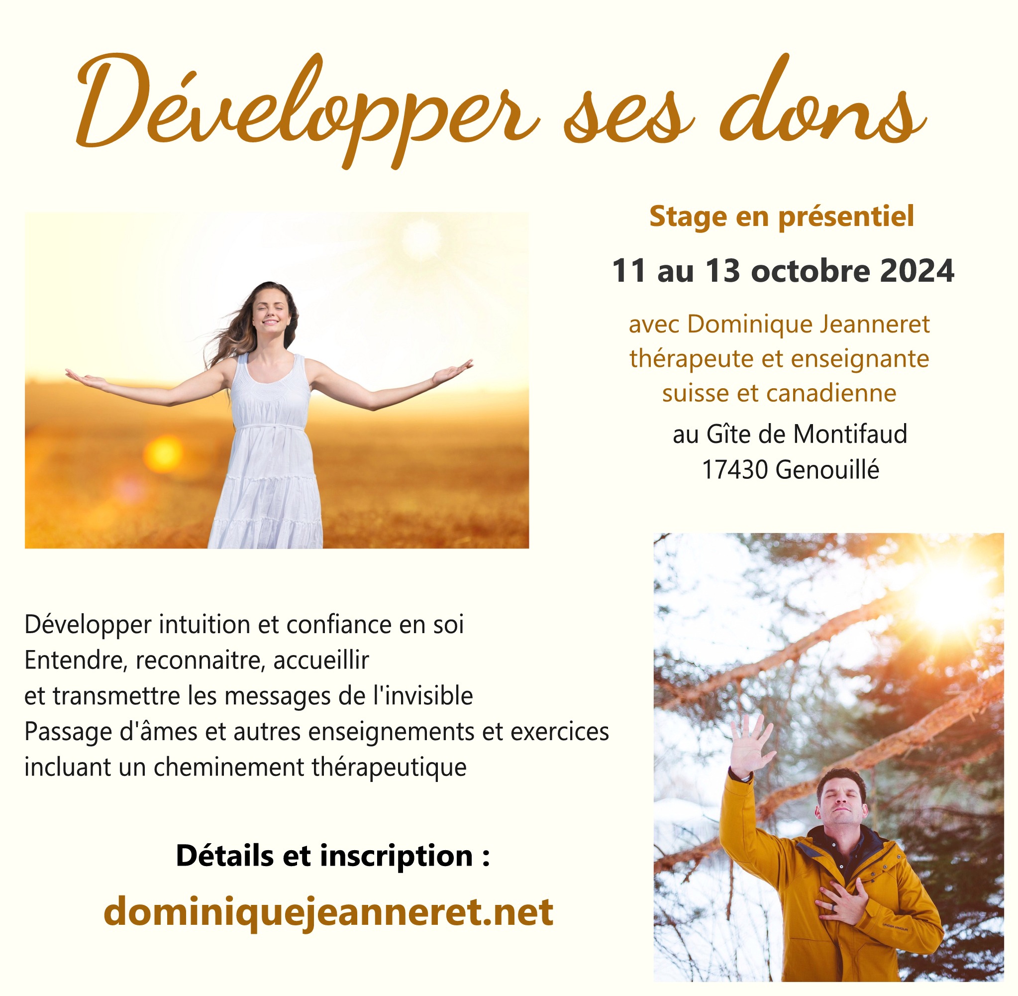11 au 13 octobre 2024 près de La Rochelle – Stage : Développer ses dons, avec Dominique Jeanneret du Québec
