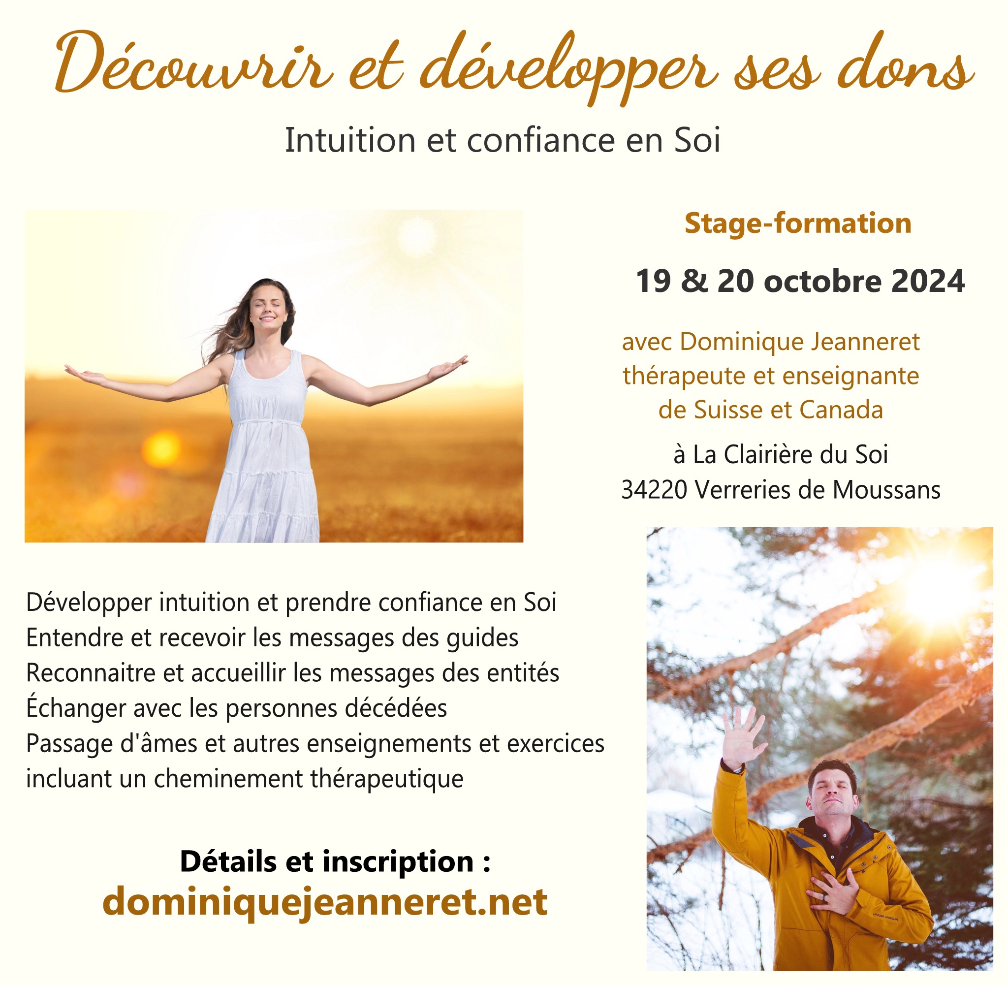 19 & 20 octobre 2024 dans l’Hérault – Stage « Développer ses dons » avec Dominique Jeanneret du Québec